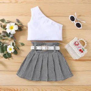 18M-6Y Toddler Girls Sets One Shoulder Top & Houndstooth Pleated Skirts Wholesale Girls Clothes