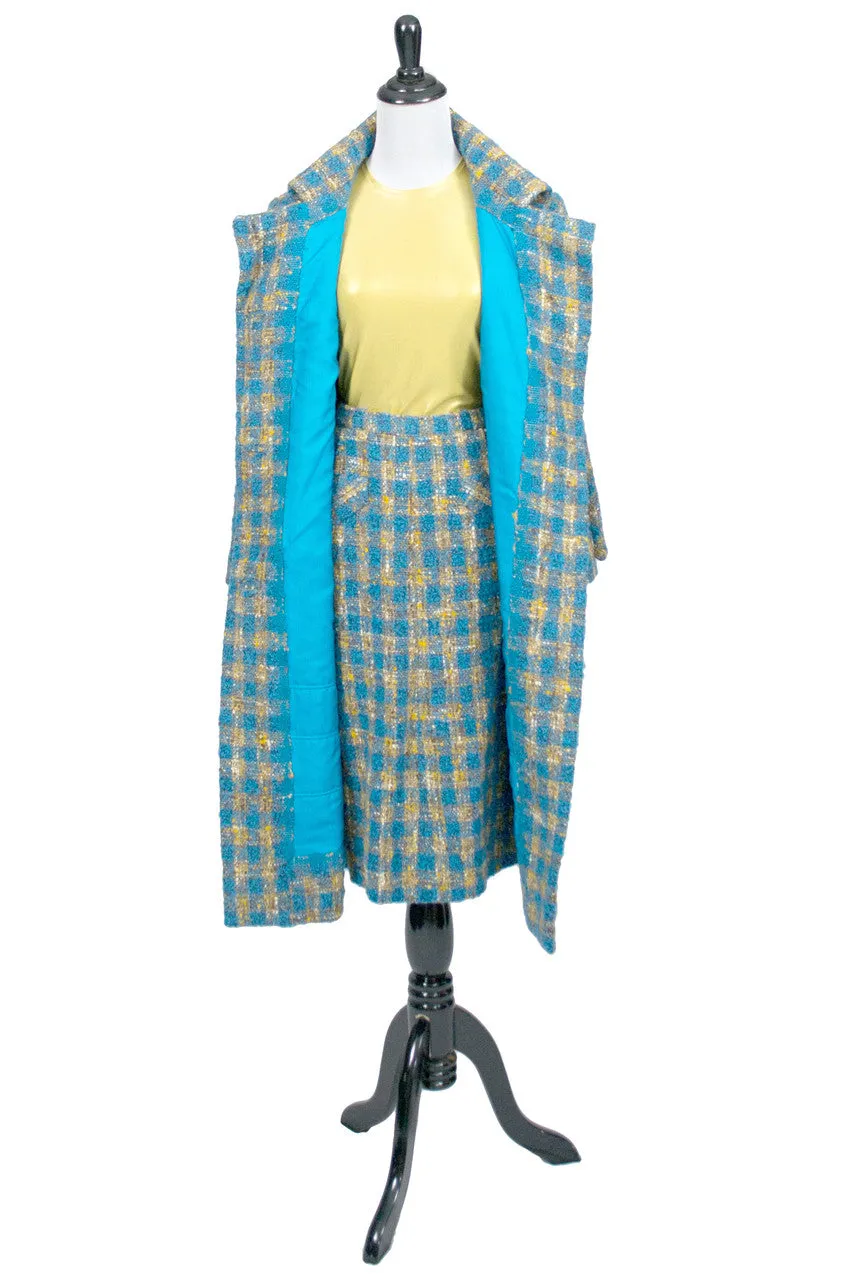 1960s Ramuz Blue & Gold Wool Long Coat & Matching Skirt