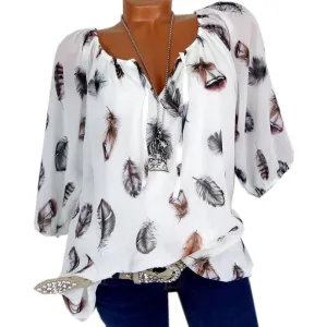 5XL Plus Large Size Women's Blouses Summer Tops New Leisure Blouse White Loose Feather Print V Neck Half Sleeve Shirts Blusas