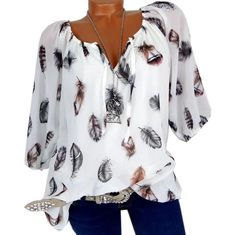 5XL Plus Large Size Women's Blouses Summer Tops New Leisure Blouse White Loose Feather Print V Neck Half Sleeve Shirts Blusas