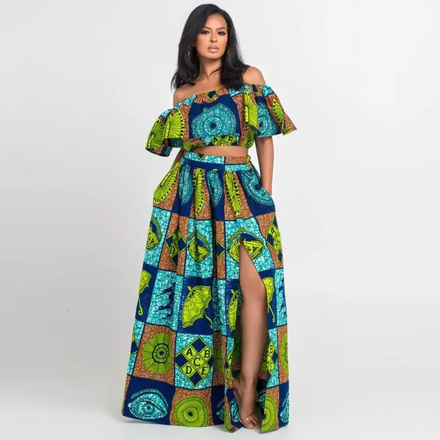 Africa Dresses for Women Dashiki Bazin Ankera Long Robes Ladies African Clothes Summer Print Party Shoulder Off Sexy Sling Skirt