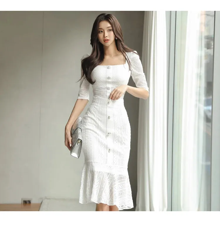 Aiertu Summer New 2-piece Square Collar Double-breasted Top  Fashion Cutout Lace Fishtail Skirt Casual Women Suit Skirt