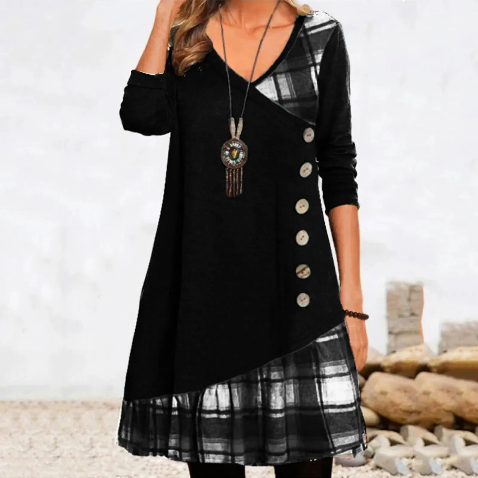 American Elegant Loose Buttoned Long Sleeve Everyday Party Casual European Dress