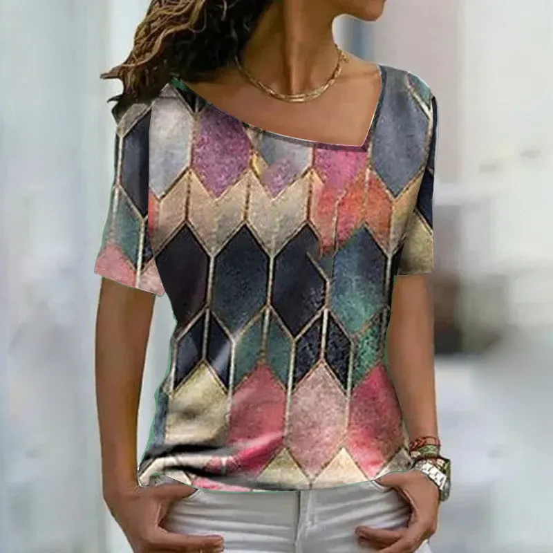 Asymmetrical V-Neck Short Sleeve Colorblock Slim Casual Blouses Wholesale Women Tops