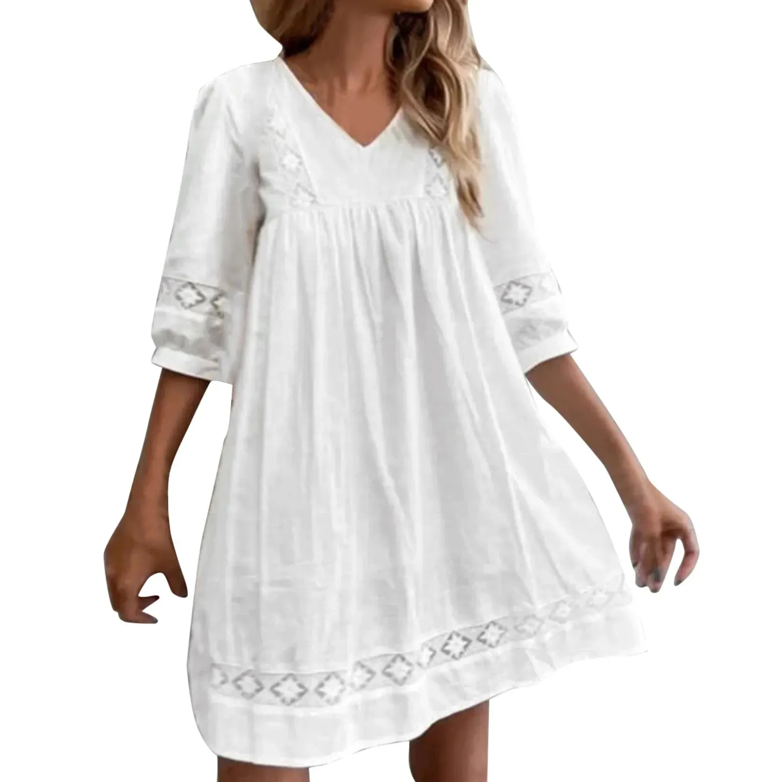 Beach Short Summer V Slim Boho Lace Neck Sleeve Fashion Casual Swing Dress