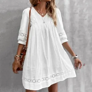 Beach Short Summer V Slim Boho Lace Neck Sleeve Fashion Casual Swing Dress