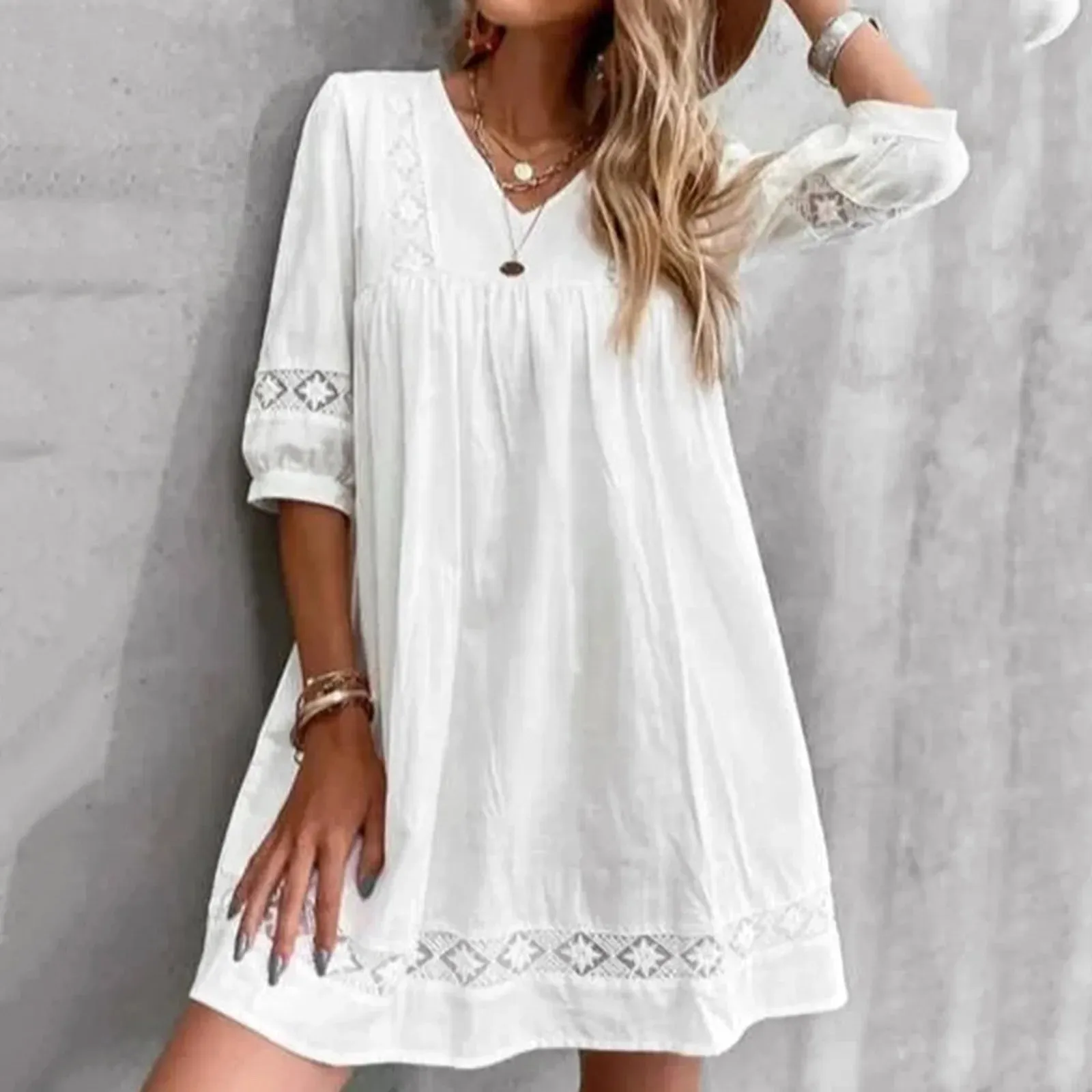 Beach Short Summer V Slim Boho Lace Neck Sleeve Fashion Casual Swing Dress