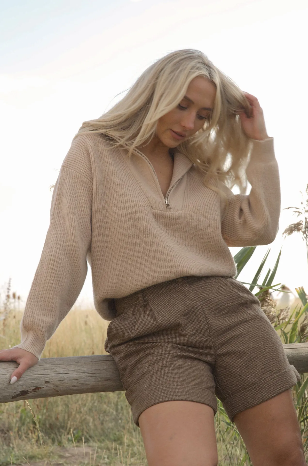 Beige Ribbed Half Zip Sweater