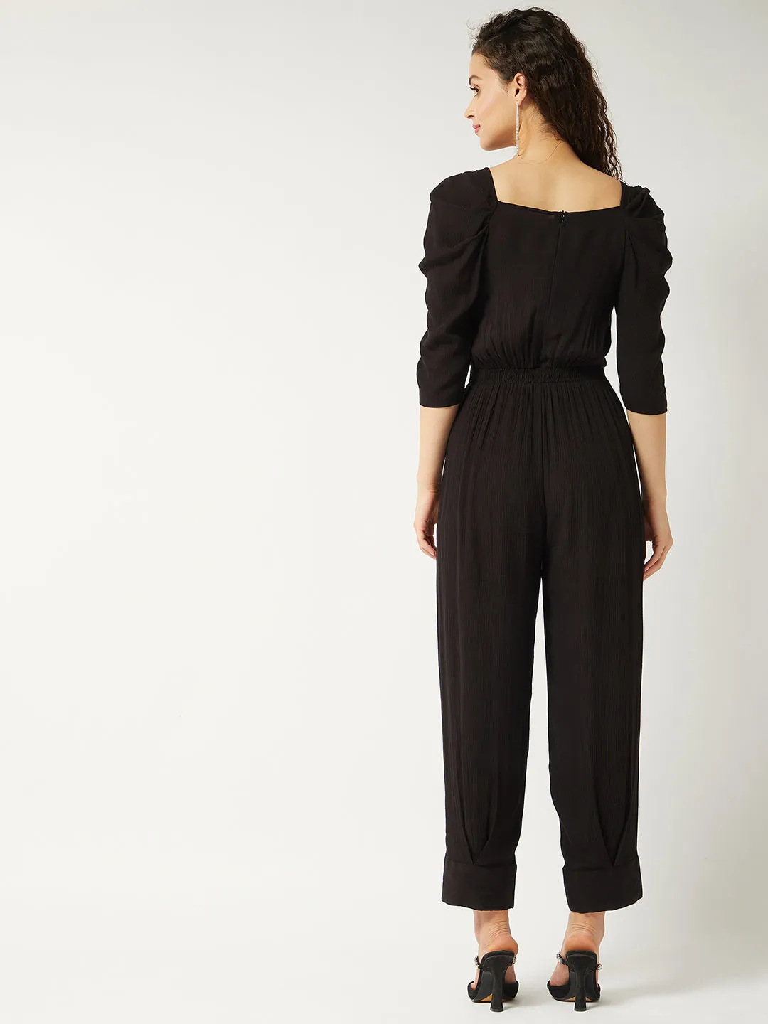 Black Solid Ruffle Sleeves Stylish Jumpsuit