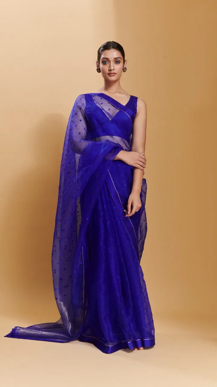 Blue Wildflower Meadow jamdani dots silk saree