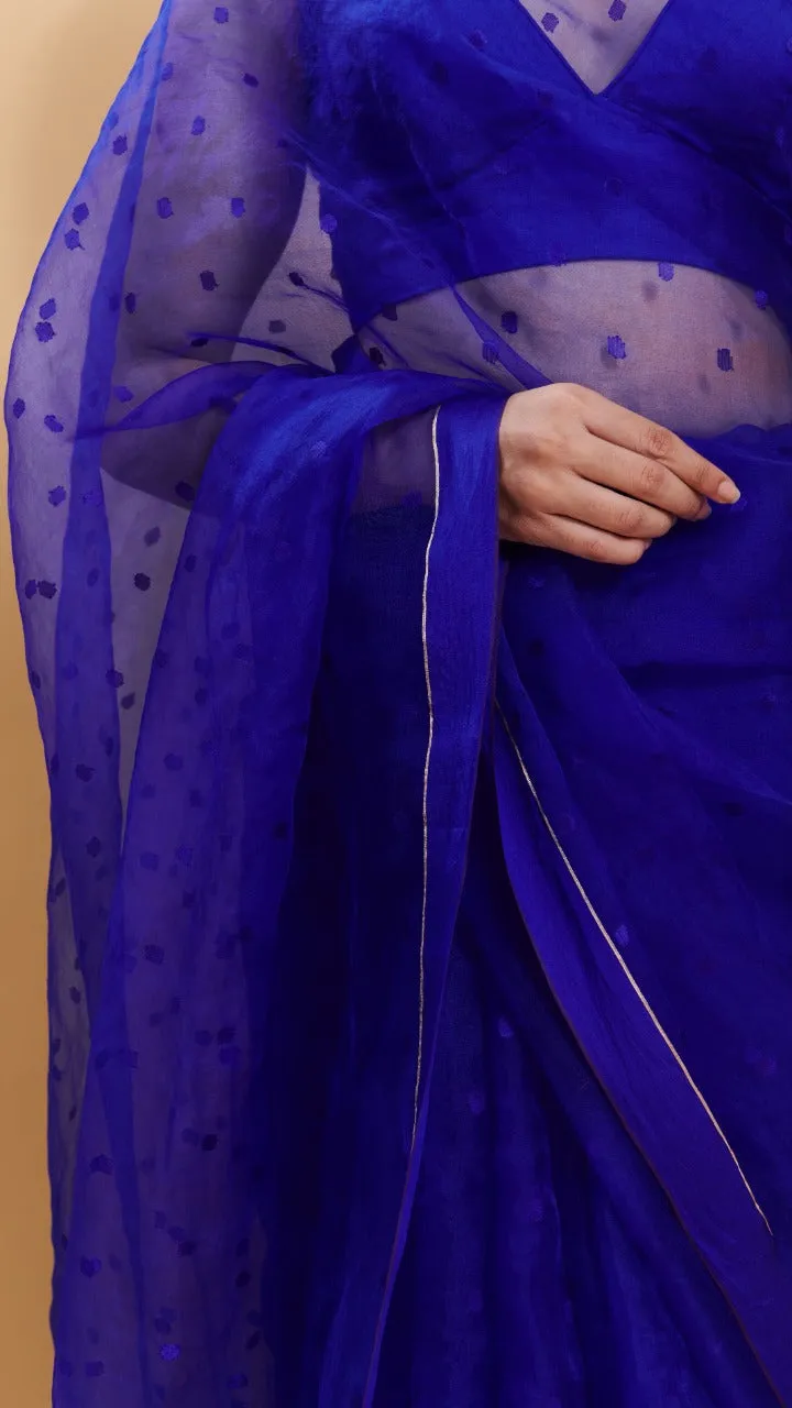 Blue Wildflower Meadow jamdani dots silk saree