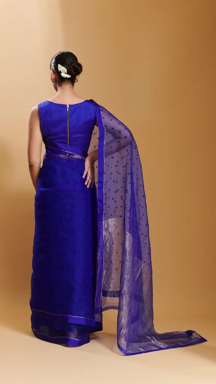 Blue Wildflower Meadow jamdani dots silk saree