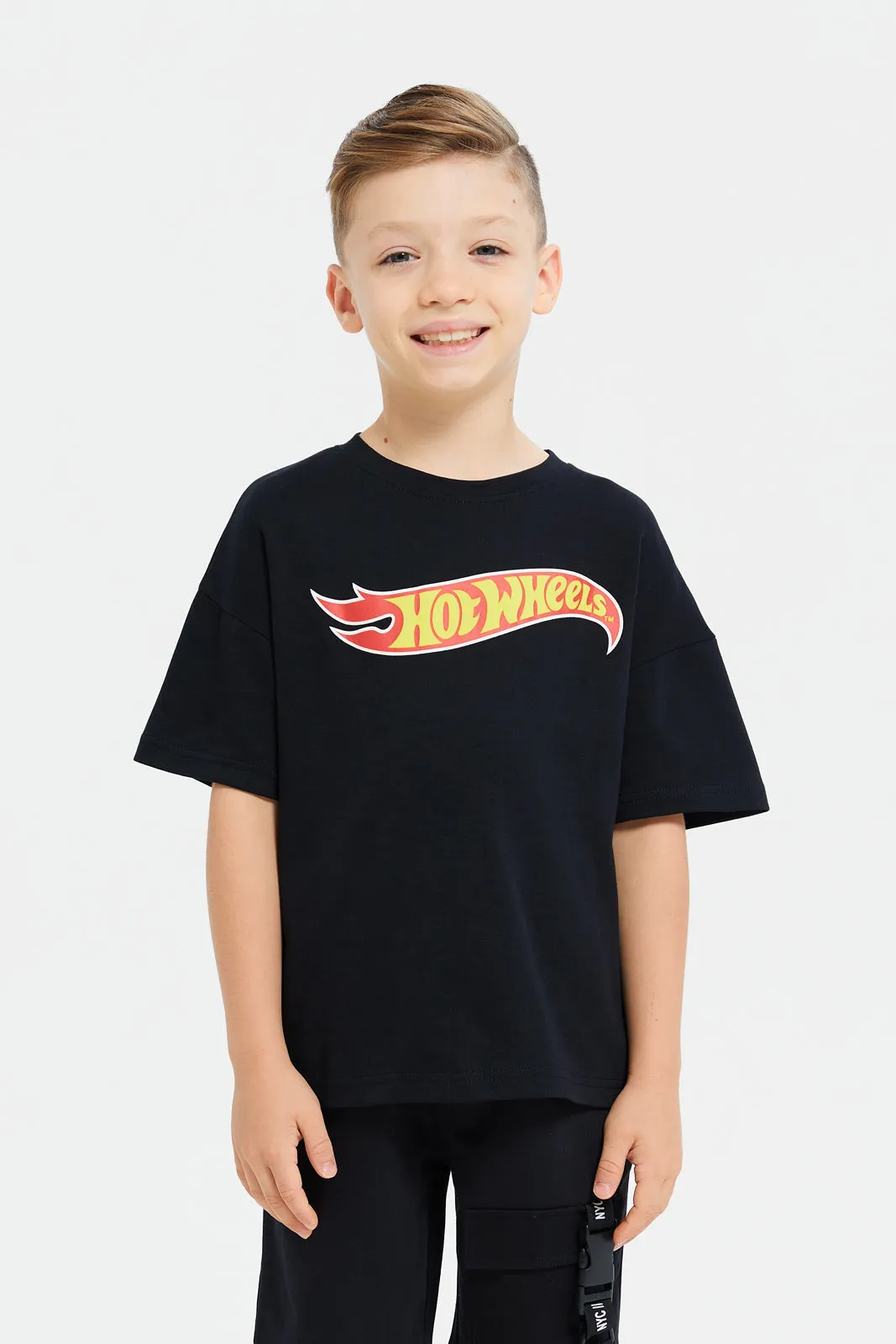 Boys Black Hot Wheels  Front And Back Print Oversized T-Shirt