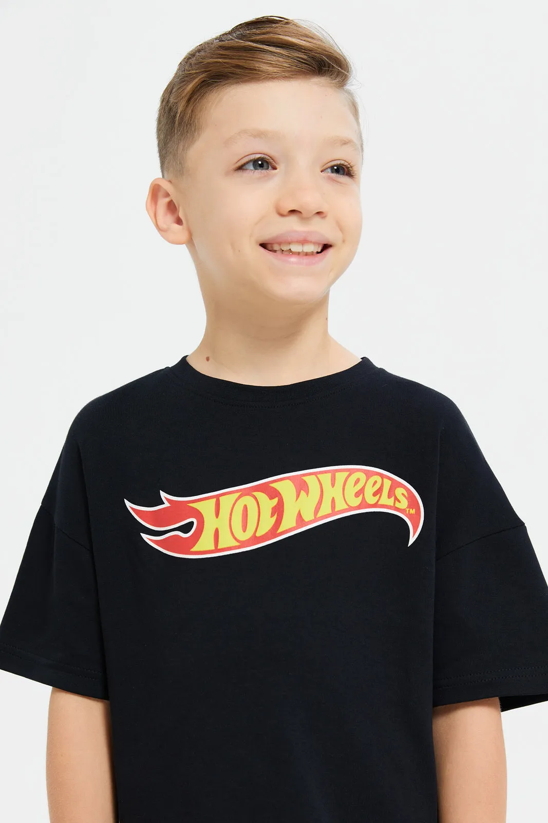 Boys Black Hot Wheels  Front And Back Print Oversized T-Shirt