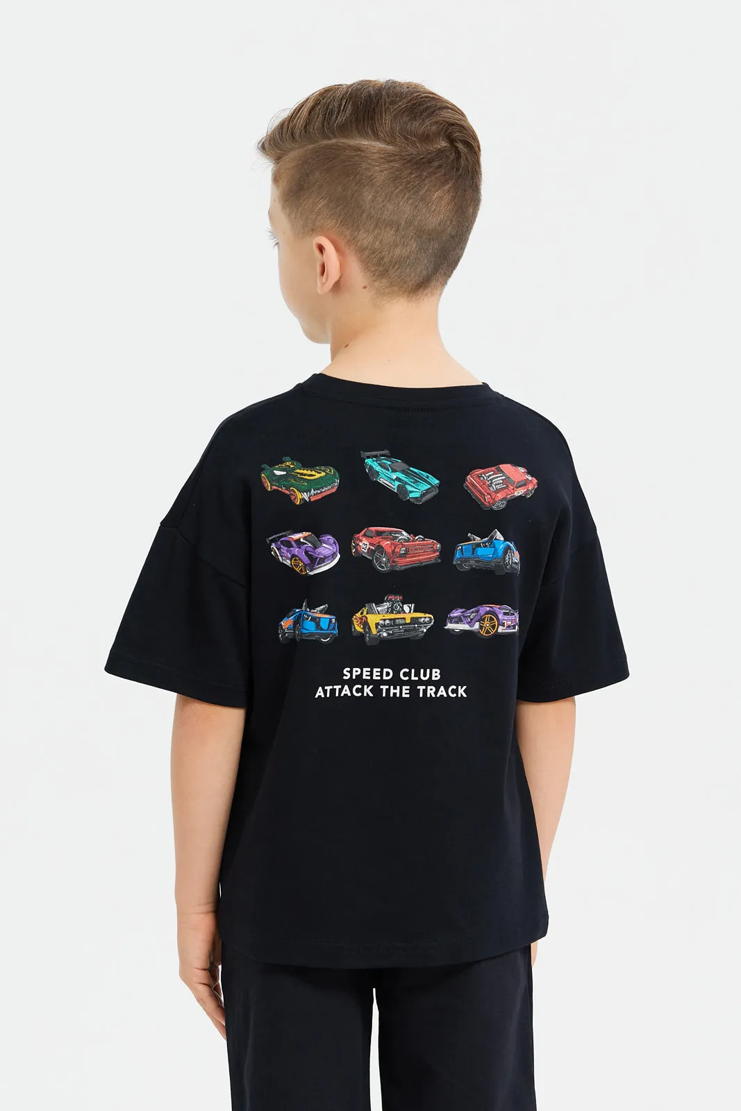 Boys Black Hot Wheels  Front And Back Print Oversized T-Shirt