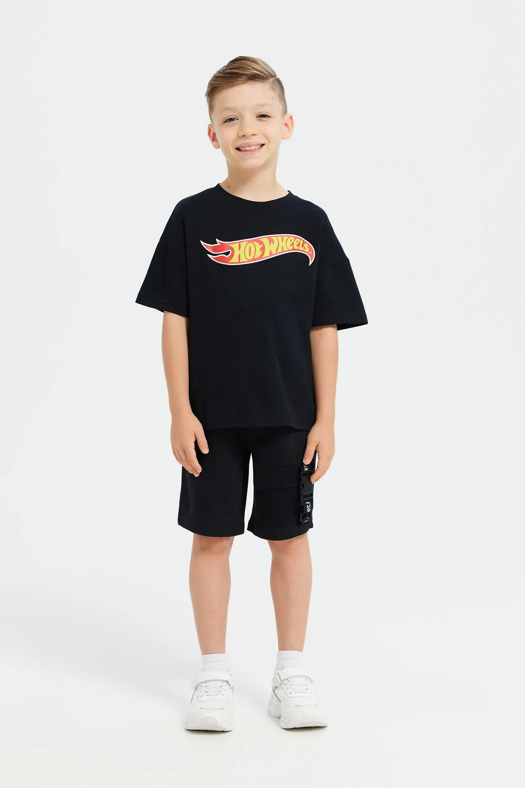 Boys Black Hot Wheels  Front And Back Print Oversized T-Shirt