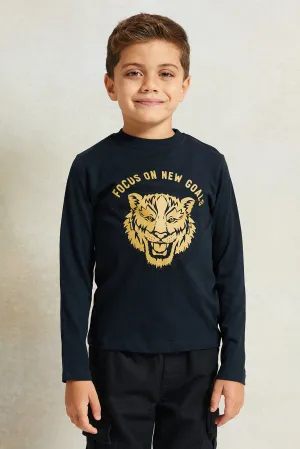 Boys Black Lion Print Long Sleeve T-Shirt