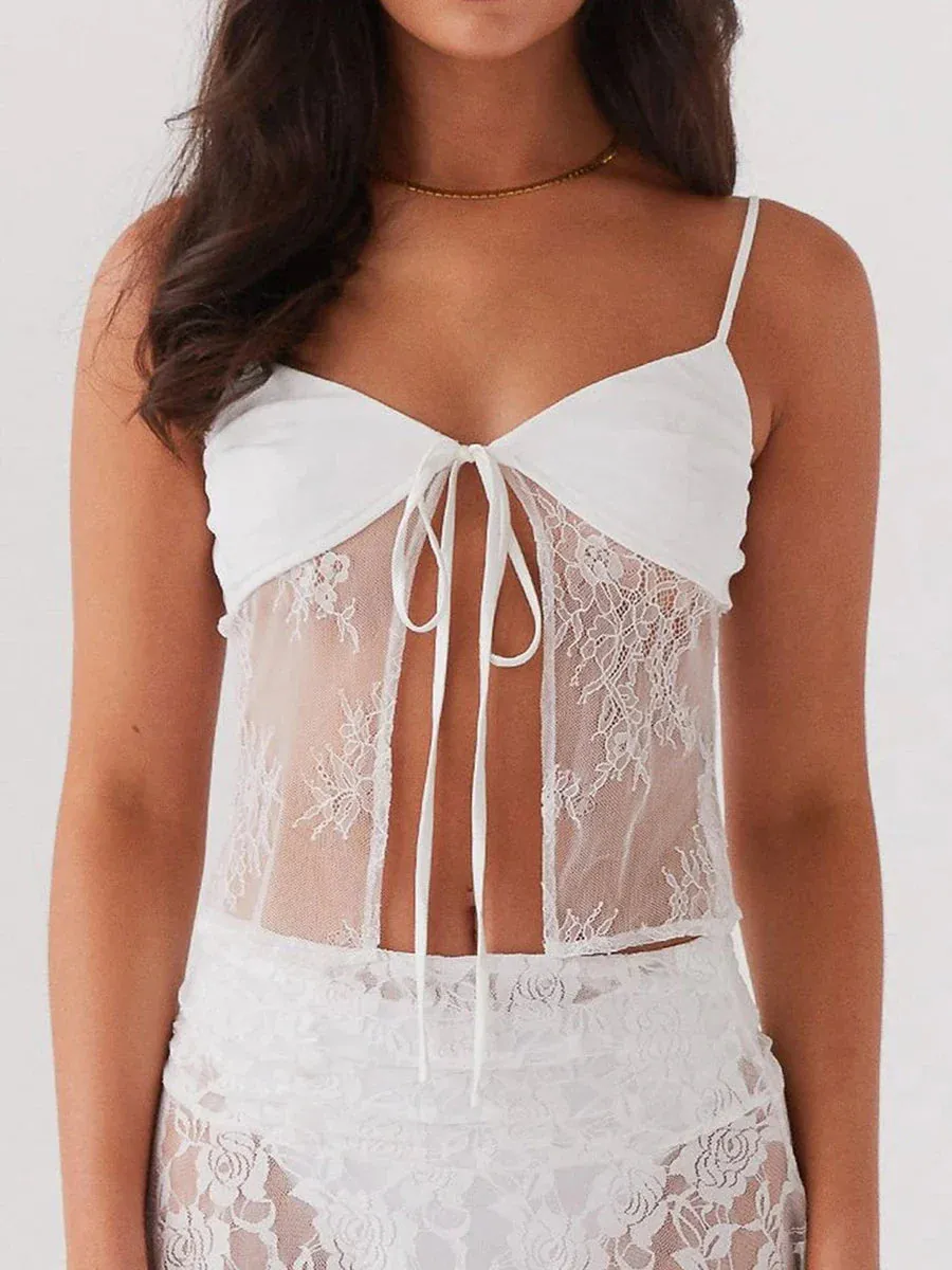 Built-in Bra See Through Spaghetti Strap Summer Crop Lace Top