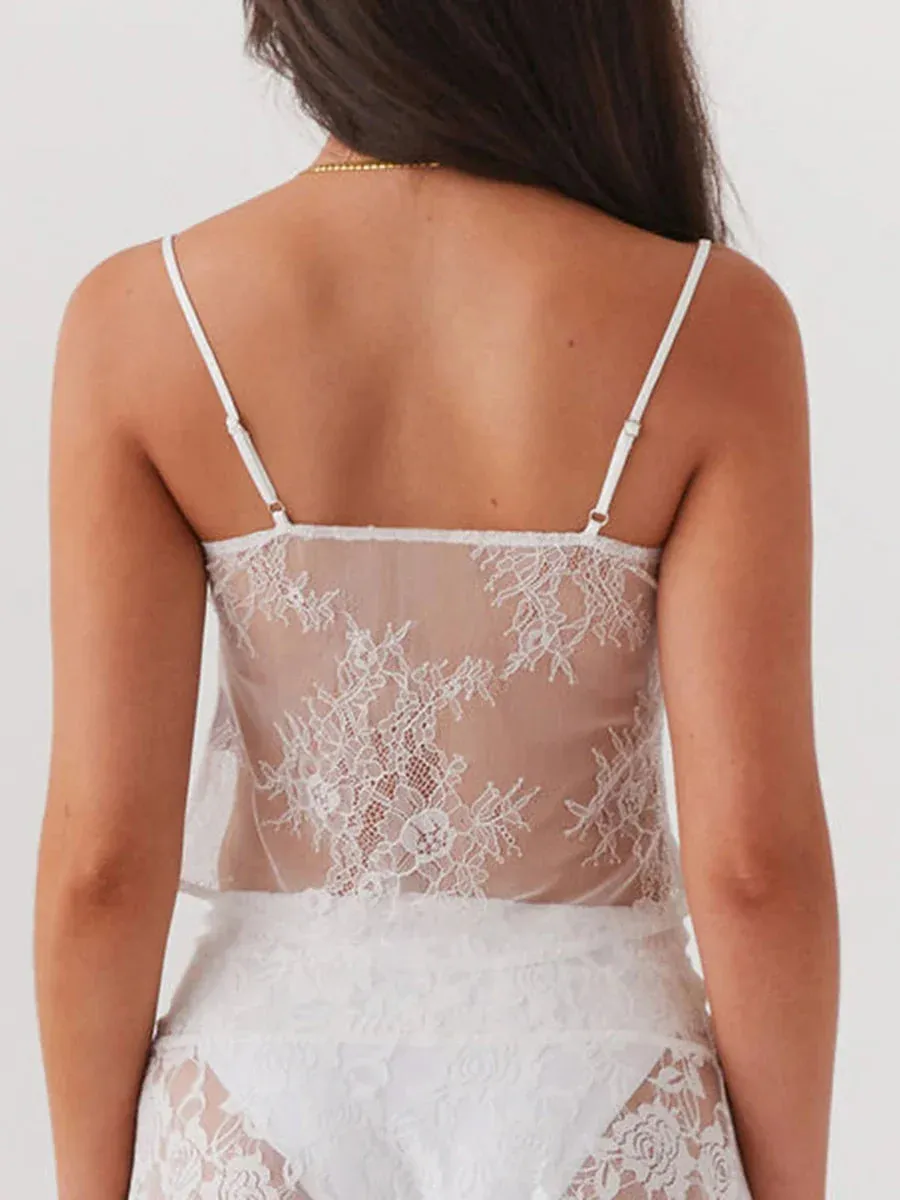 Built-in Bra See Through Spaghetti Strap Summer Crop Lace Top