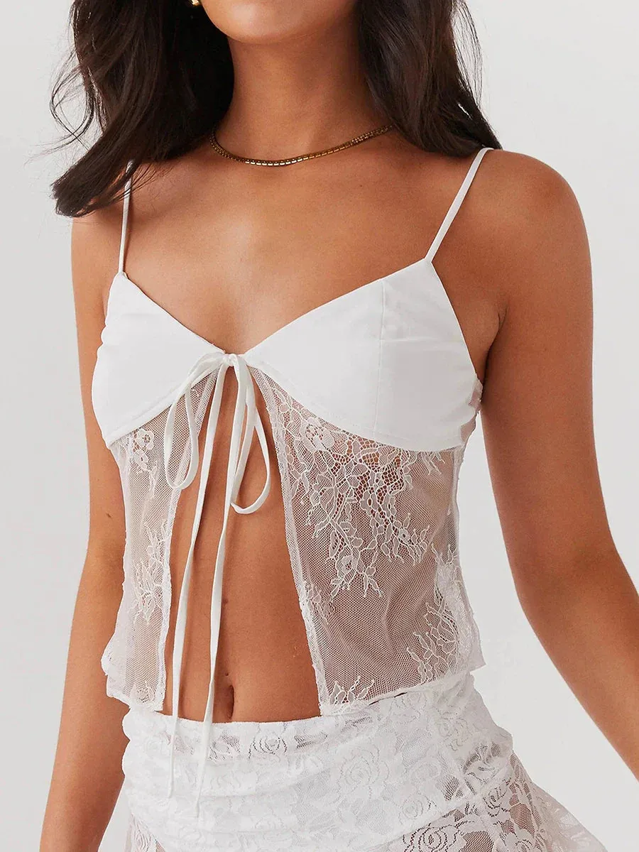 Built-in Bra See Through Spaghetti Strap Summer Crop Lace Top