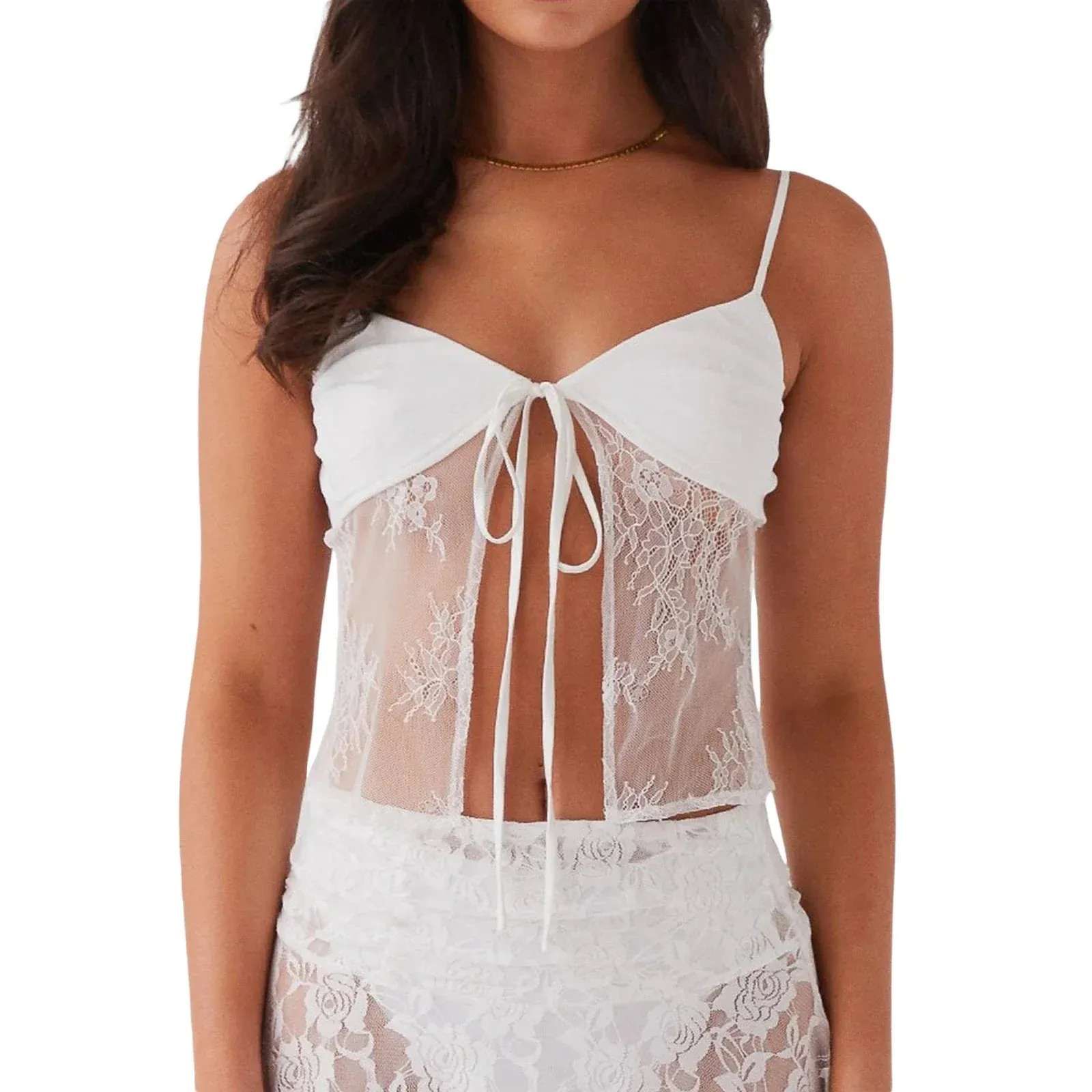 Built-in Bra See Through Spaghetti Strap Summer Crop Lace Top