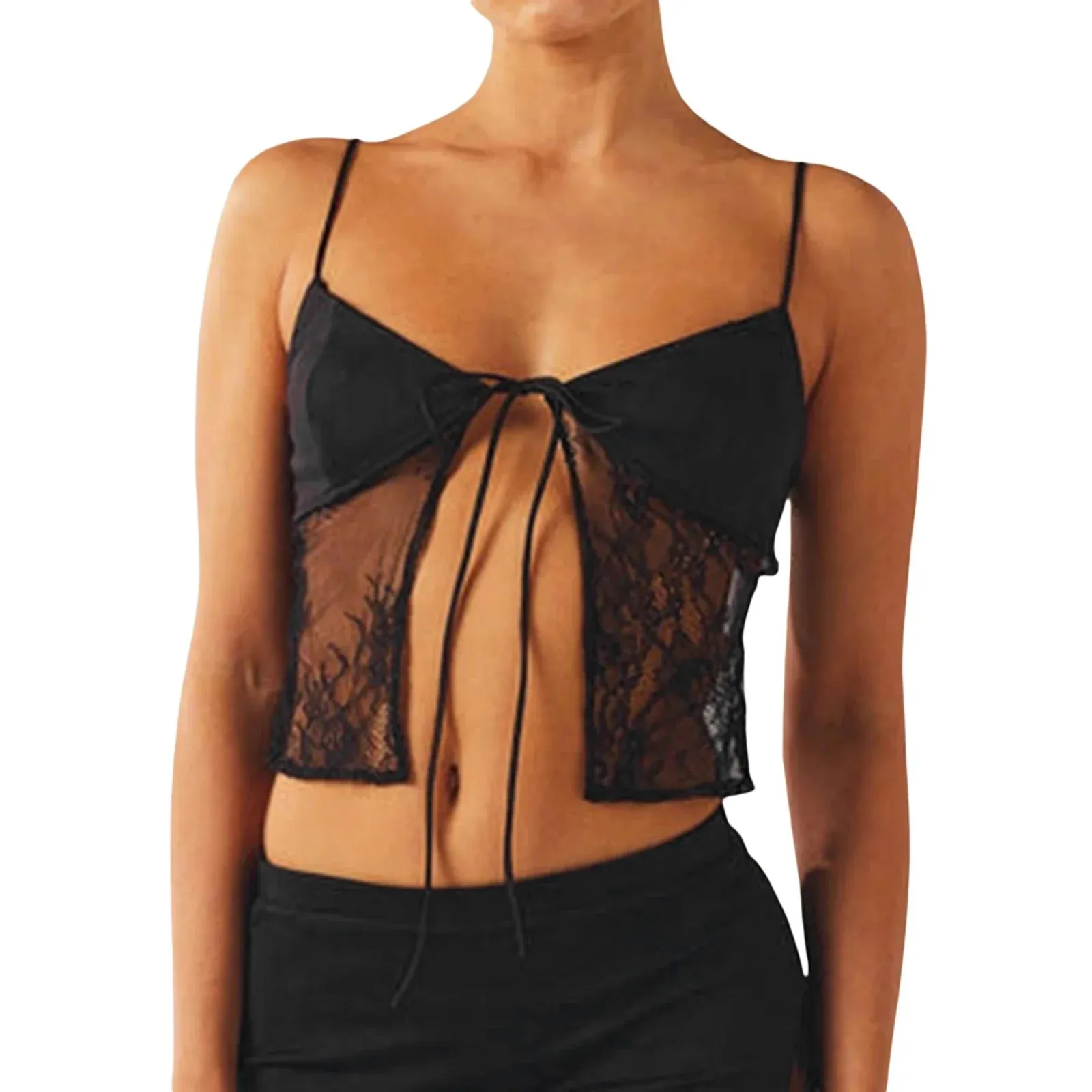 Built-in Bra See Through Spaghetti Strap Summer Crop Lace Top