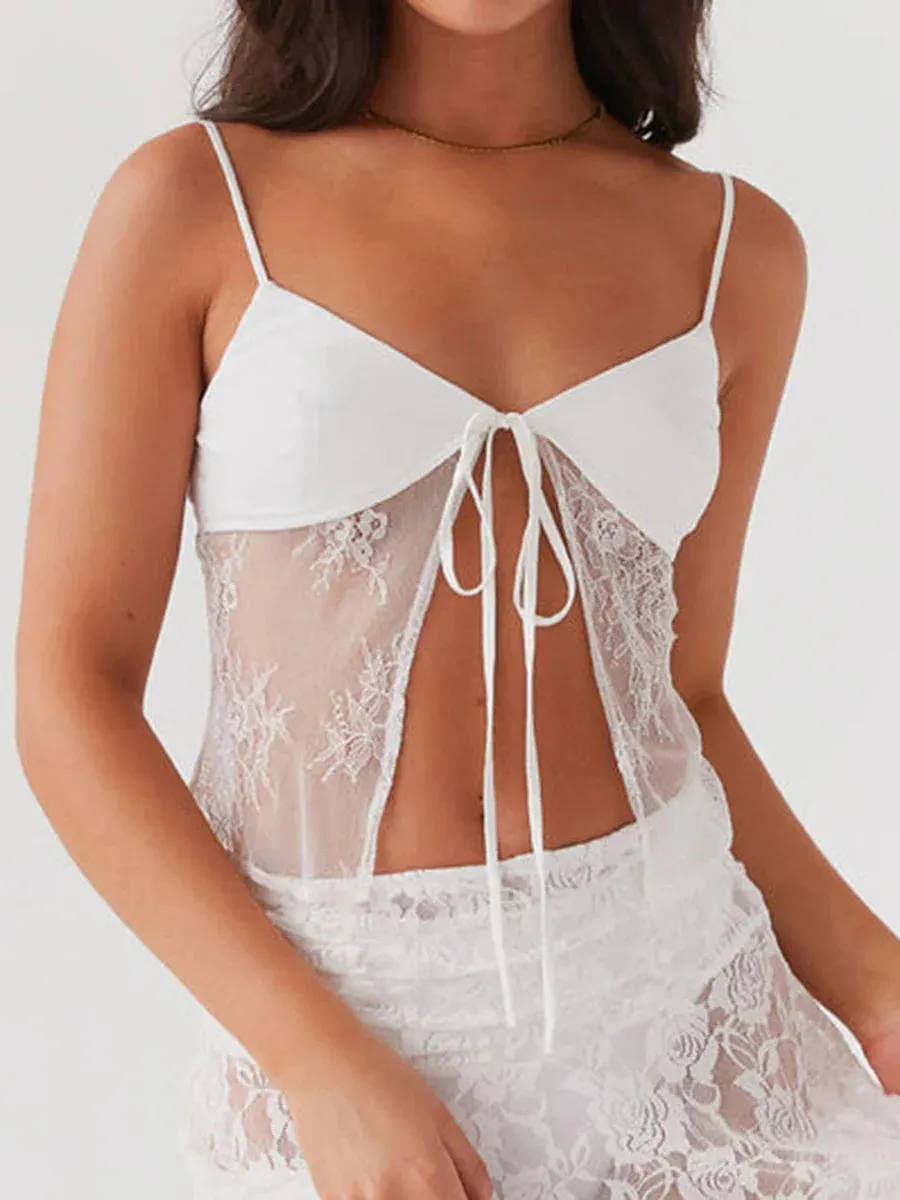 Built-in Bra See Through Spaghetti Strap Summer Crop Lace Top