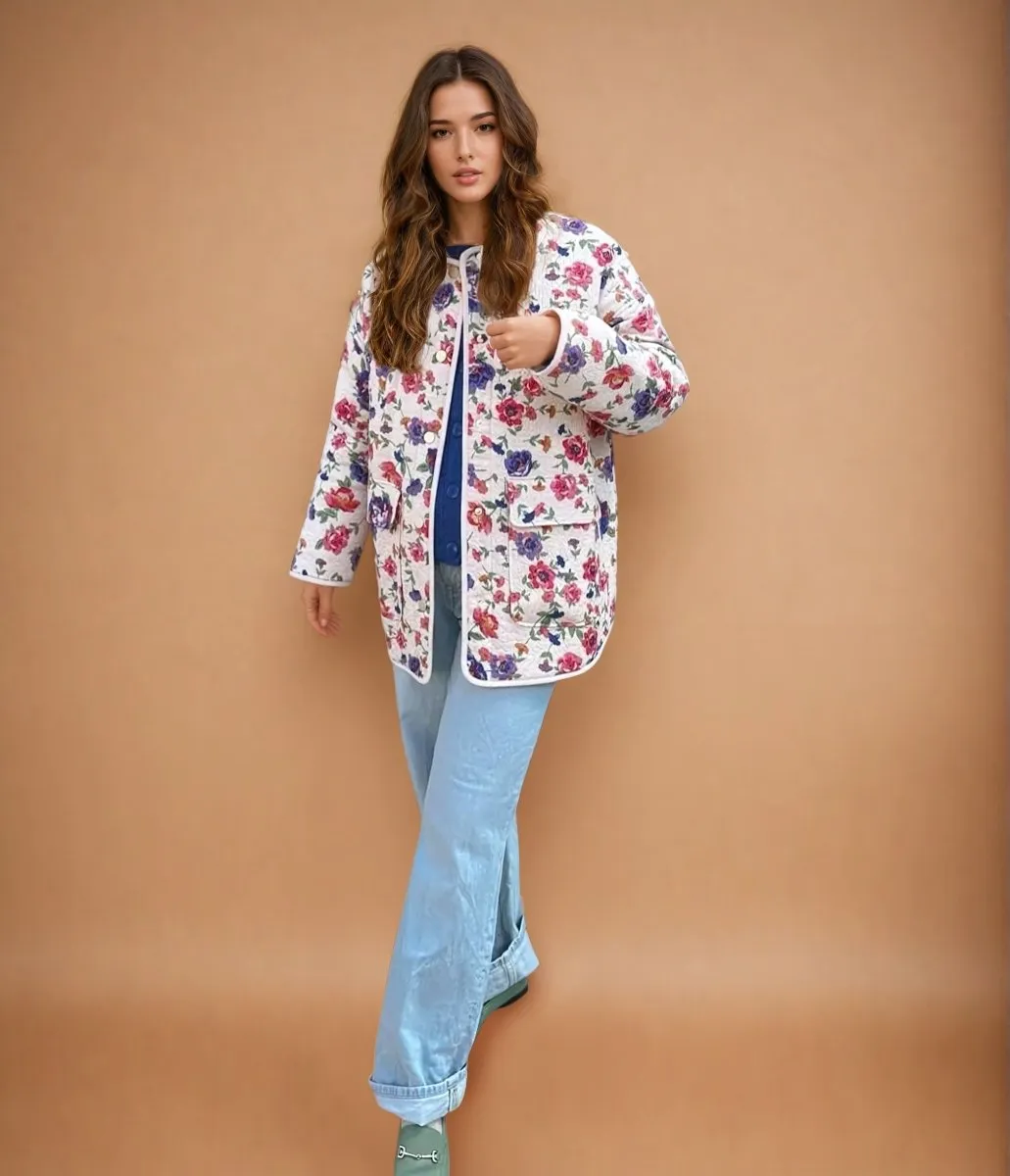 Cassandre | Floral Print Embossed Pockets Cotton Jacket