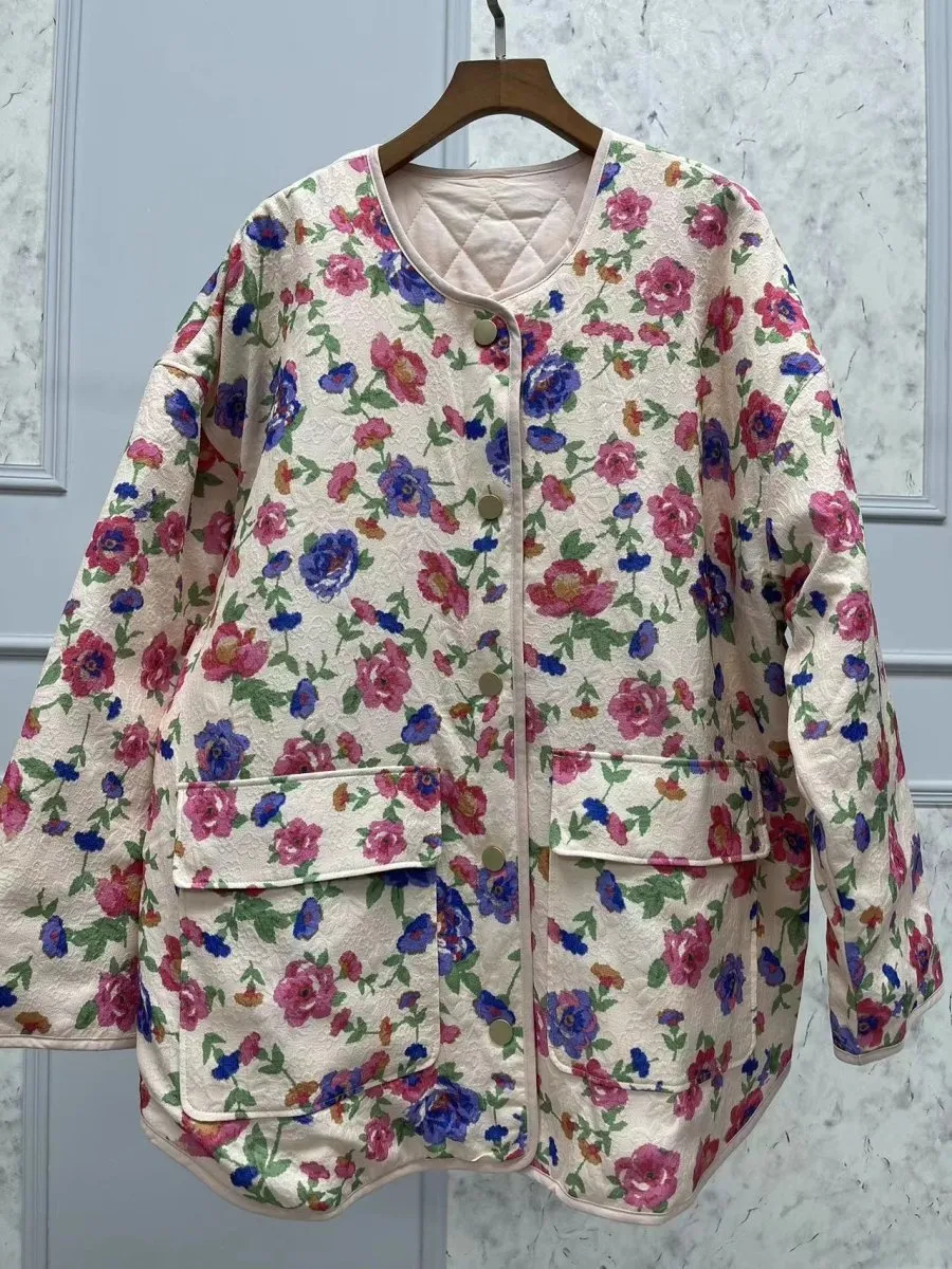 Cassandre | Floral Print Embossed Pockets Cotton Jacket