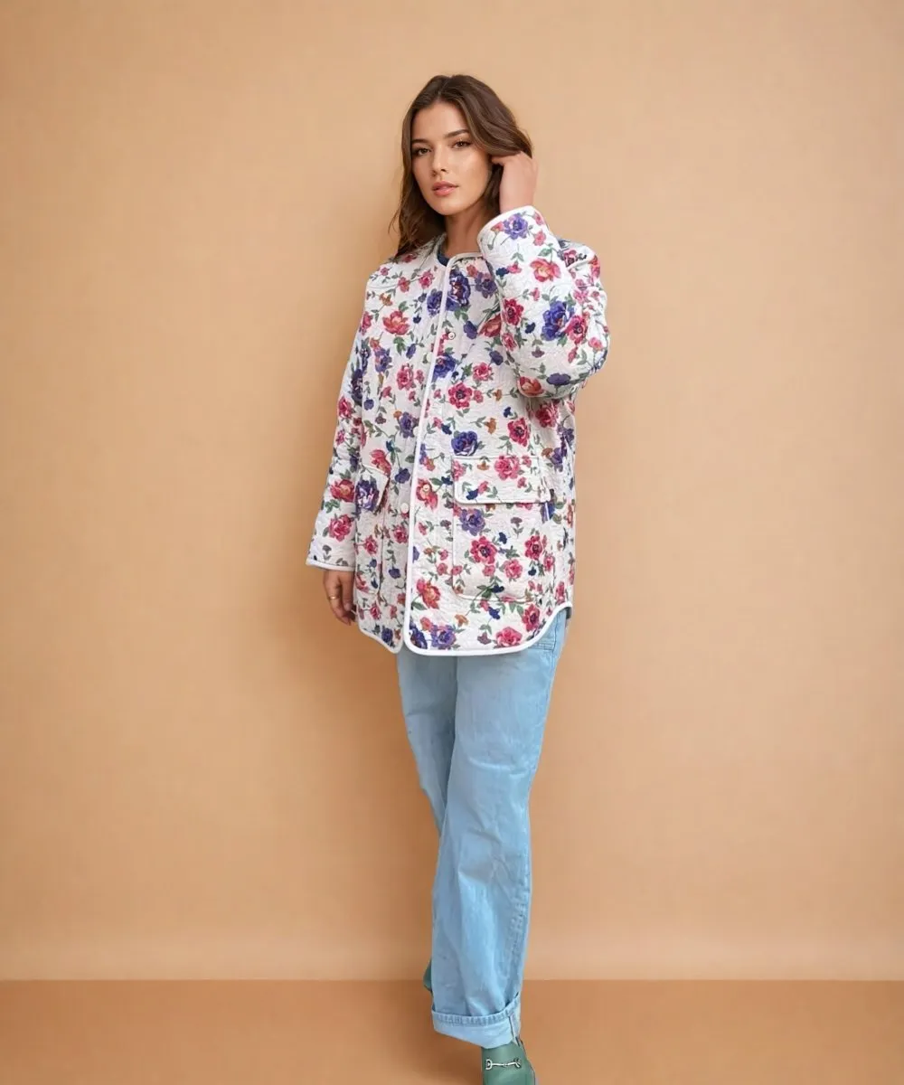 Cassandre | Floral Print Embossed Pockets Cotton Jacket