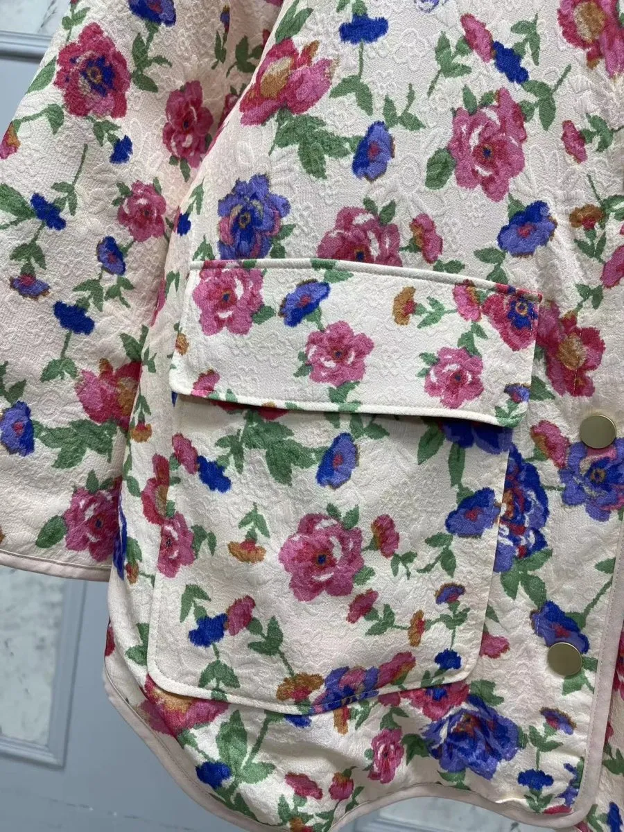 Cassandre | Floral Print Embossed Pockets Cotton Jacket