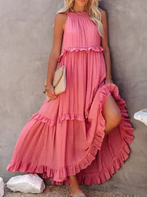 Casual Boho Ruffled Short Sleeveless Maxi Dress with Pockets New Women's Fashion Long Summer Dress