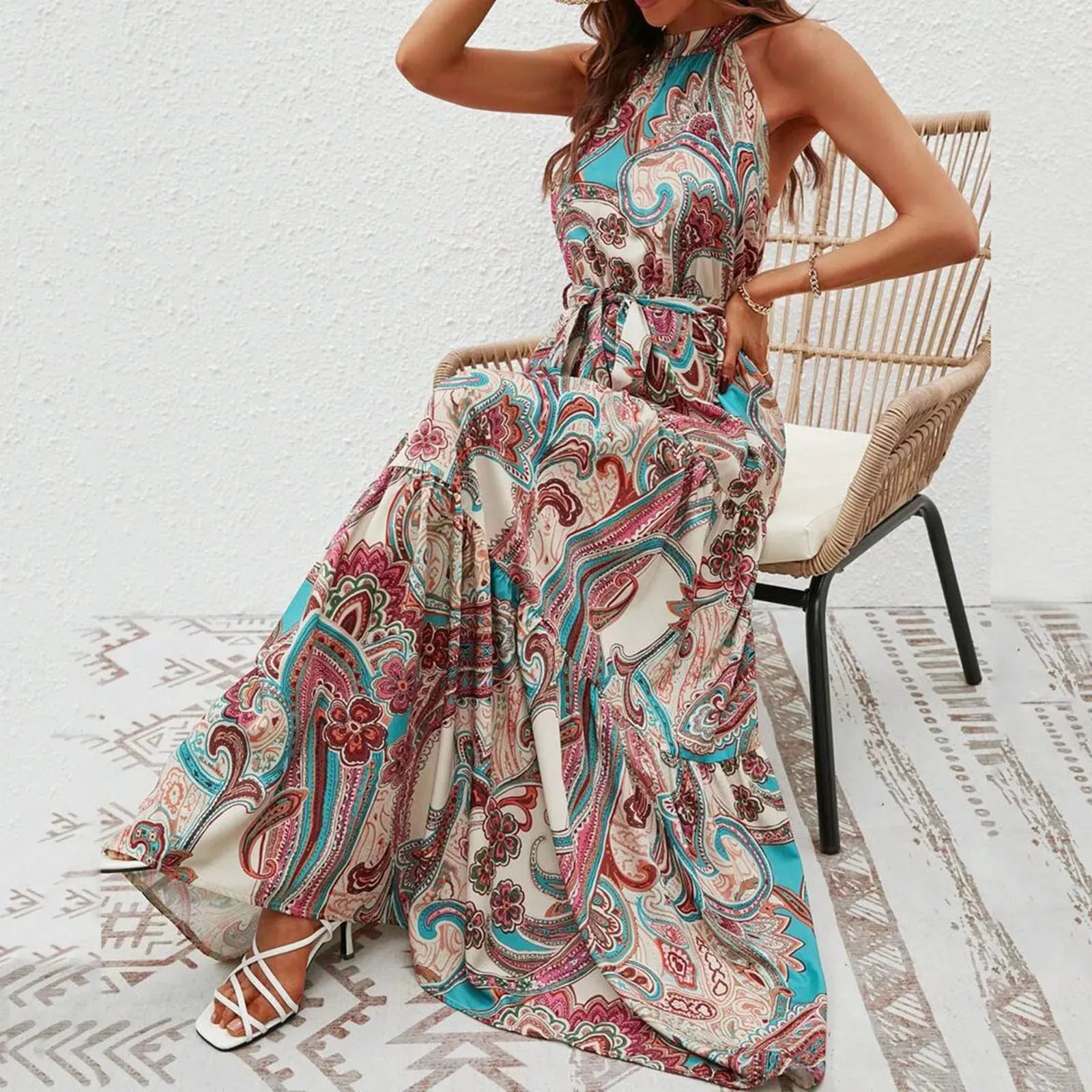 Casual Long Hanging Neck Off-shoulder Swing Large Elegant Summer Casual Floral Dress