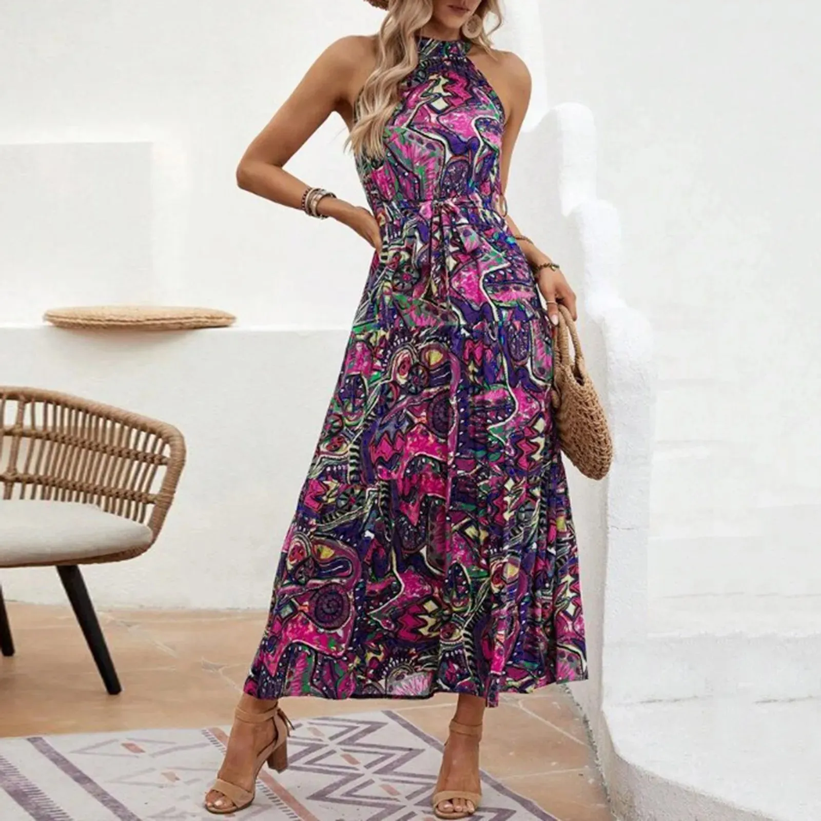 Casual Long Hanging Neck Off-shoulder Swing Large Elegant Summer Casual Floral Dress