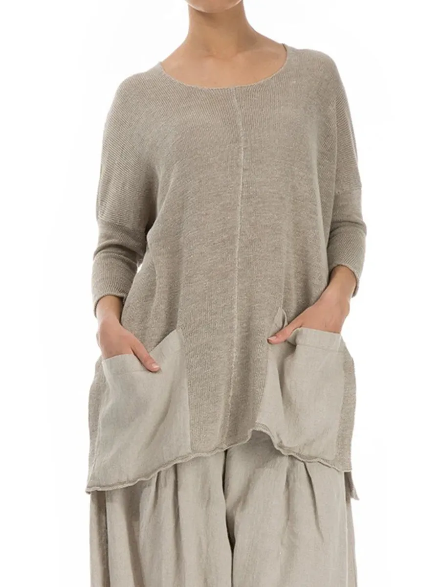 Casual Loose Solid Color Long Sleeve Round Neck Pocket Top