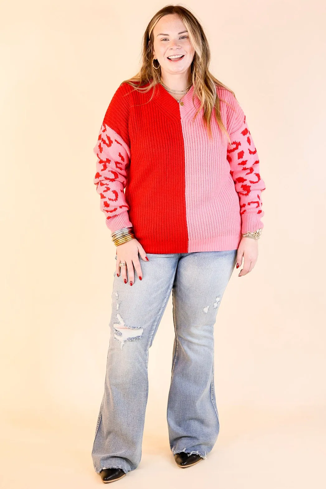 Changing Seasons Leopard Print Long Sleeve Sweater in Pink and Red