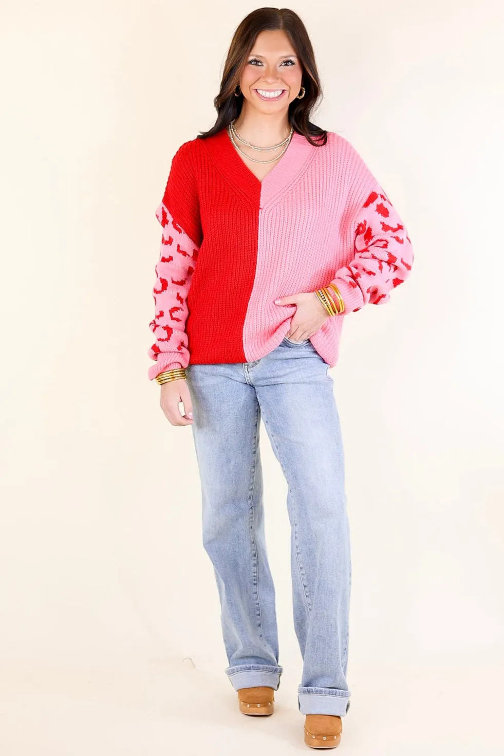 Changing Seasons Leopard Print Long Sleeve Sweater in Pink and Red