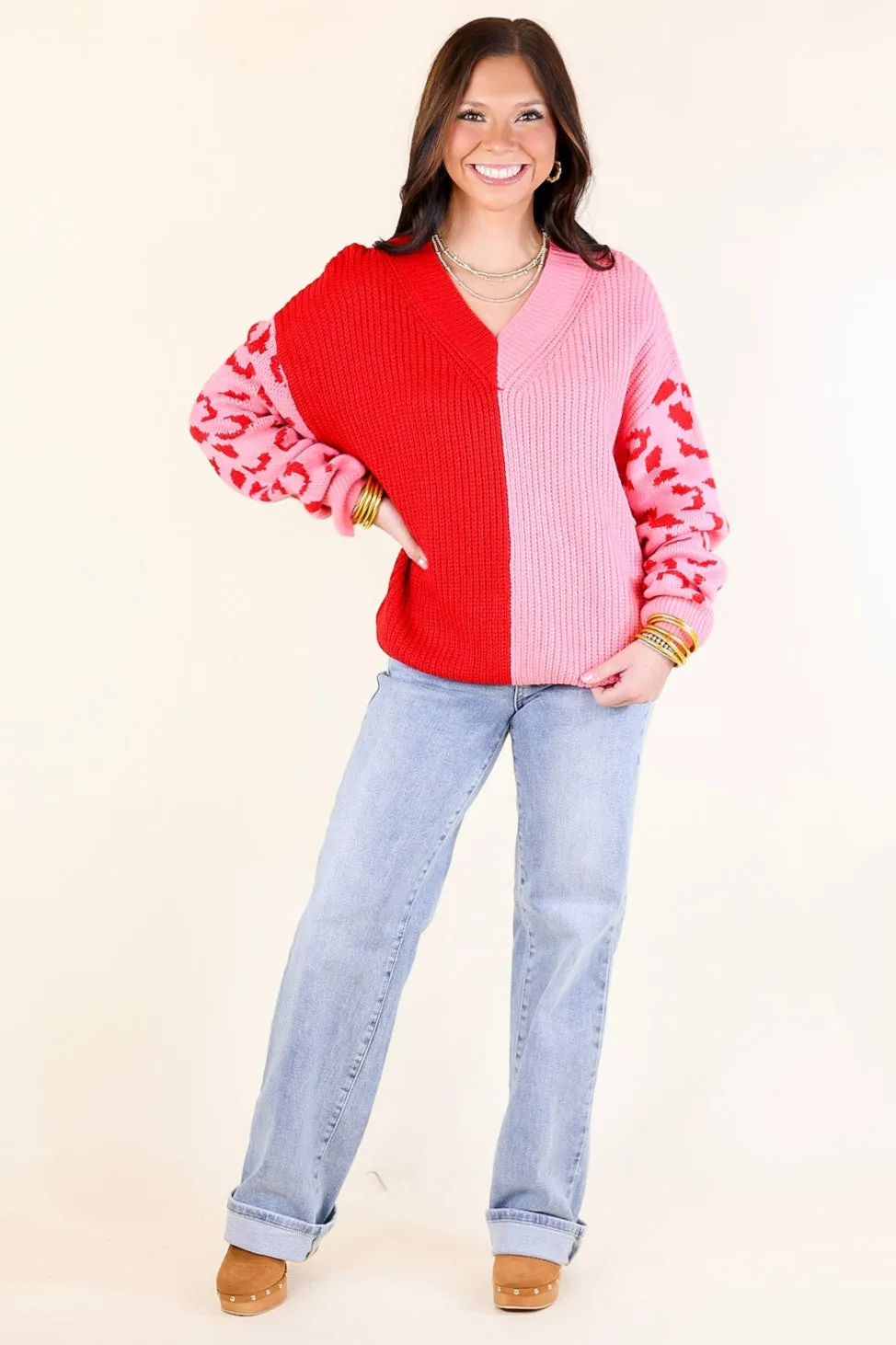 Changing Seasons Leopard Print Long Sleeve Sweater in Pink and Red