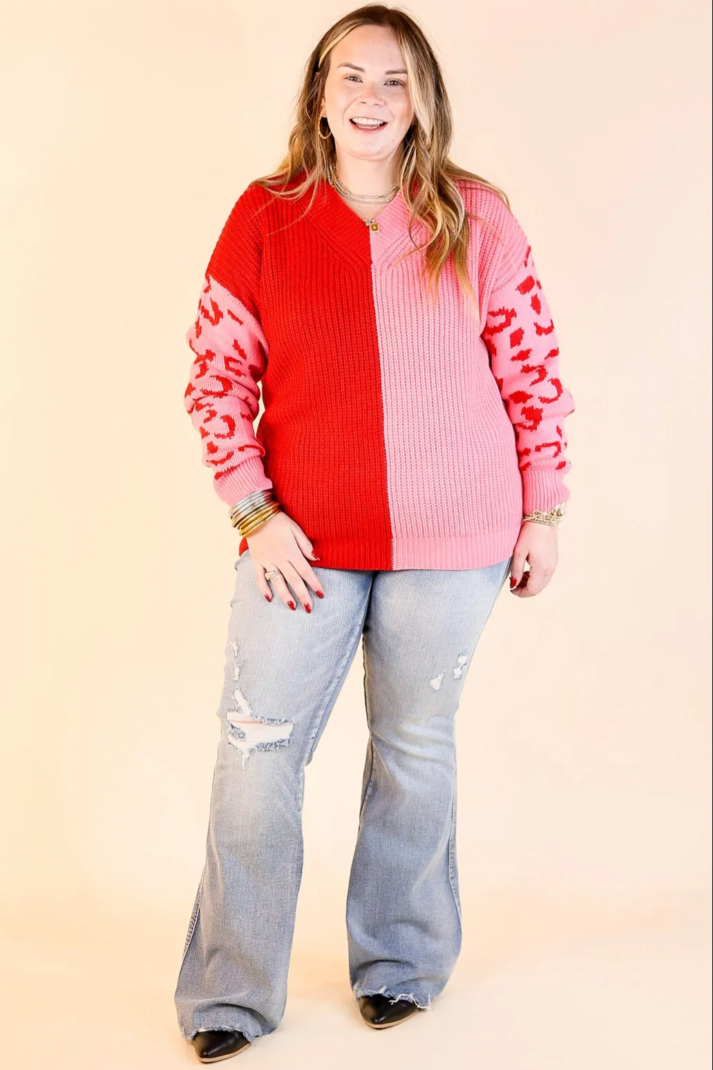 Changing Seasons Leopard Print Long Sleeve Sweater in Pink and Red