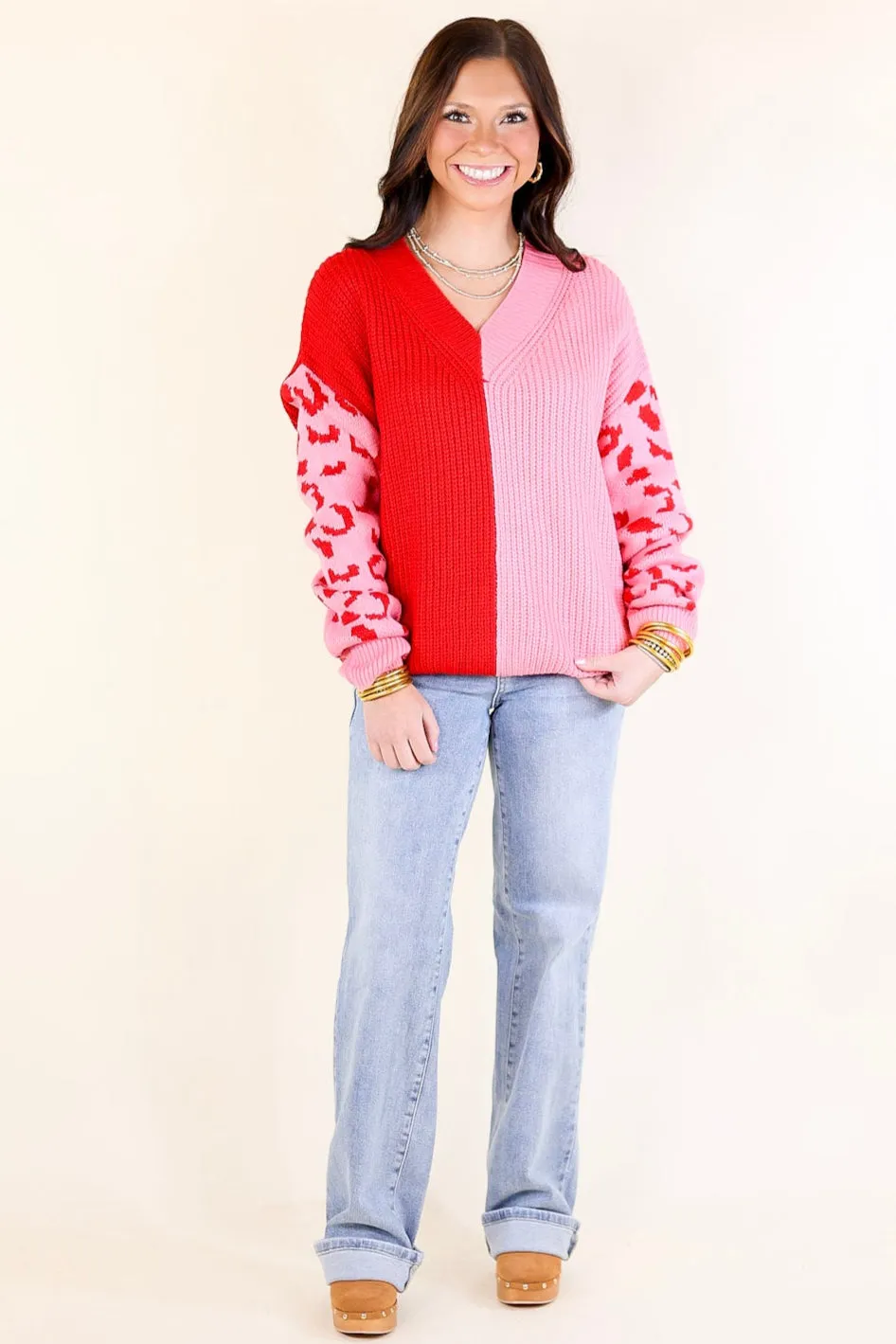 Changing Seasons Leopard Print Long Sleeve Sweater in Pink and Red