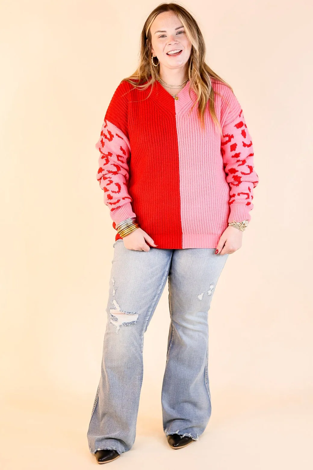 Changing Seasons Leopard Print Long Sleeve Sweater in Pink and Red