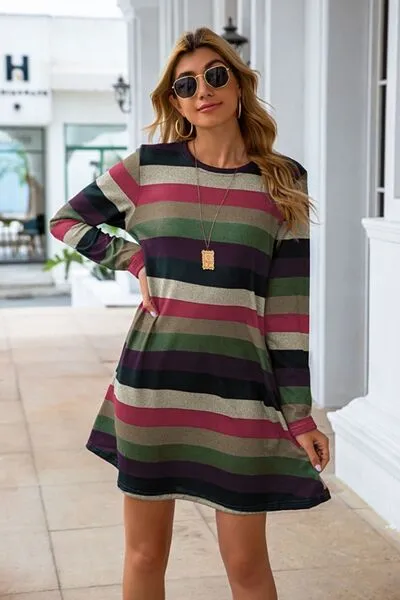 Clarissa Striped Round Neck Long Sleeve Dress | 4 Colors