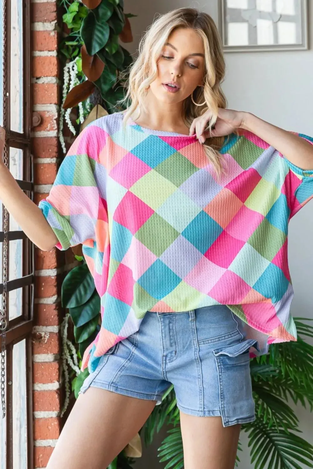 Color Block Waffle Oversized T-Shirt