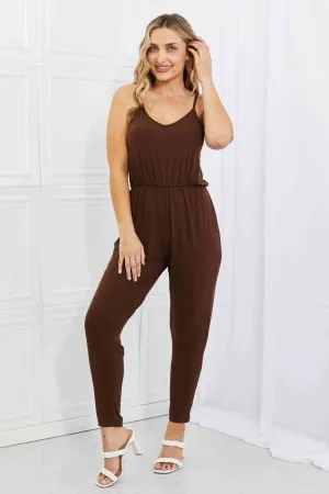 Comfy Casual Full Size Solid Elastic Waistband Jumpsuit in Chocolate