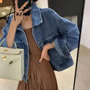 Denim Jacket Women Vintage Turn Down Collar Long Sleeve Korean Fashion Jeans Jackets Chic Oversized Casual Coats