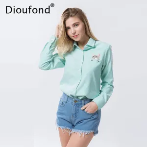 Dioufond Cat Embroidery Long Sleeve Women Blouses And Shirts White Blue Female Ladies Casual Shirt Tops Plus Size Blusas Blouse