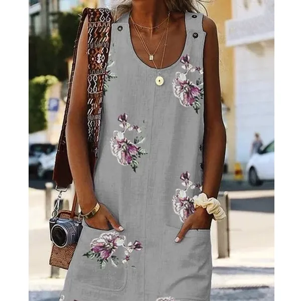 Dunnmall Large Size Women's Dress Floral Print Round Neck Sleeveless Double Pocket Dresses