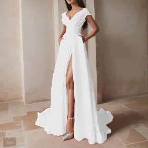 Elegant Sexy Backless V-neck White High Waist Side Split Floor-Length Infinity Casual Wedding Dress