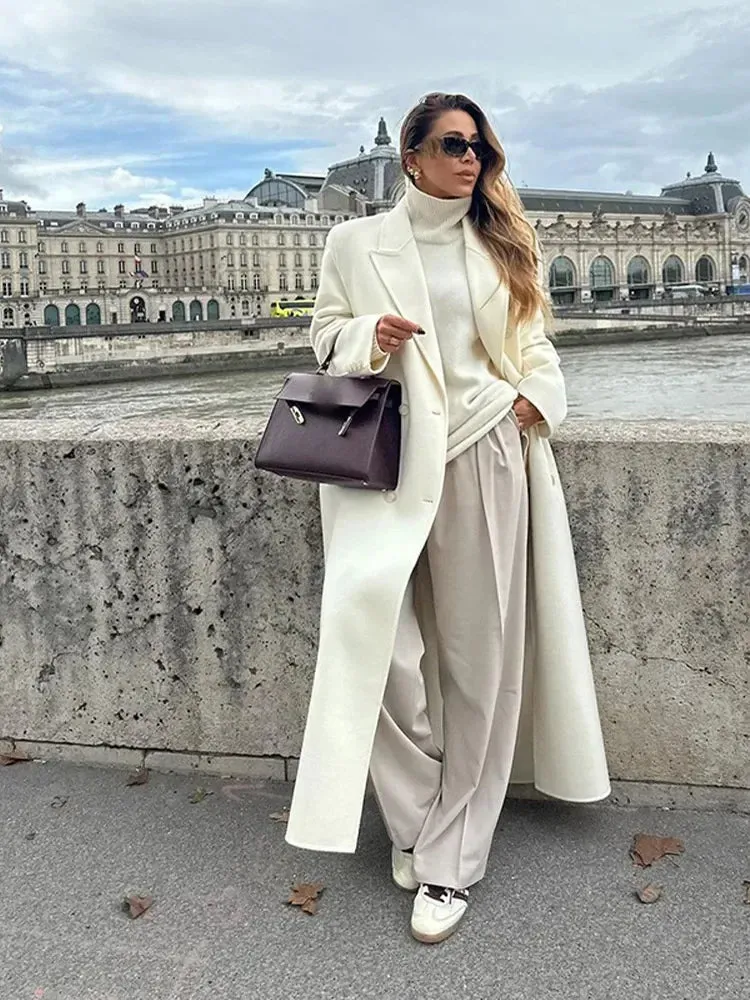 Elegant White Woolen Blend Trench Long Coat Women Chic Double Breasted Warm Full Sleeve Coats New Female High Street Outerwear ﻿