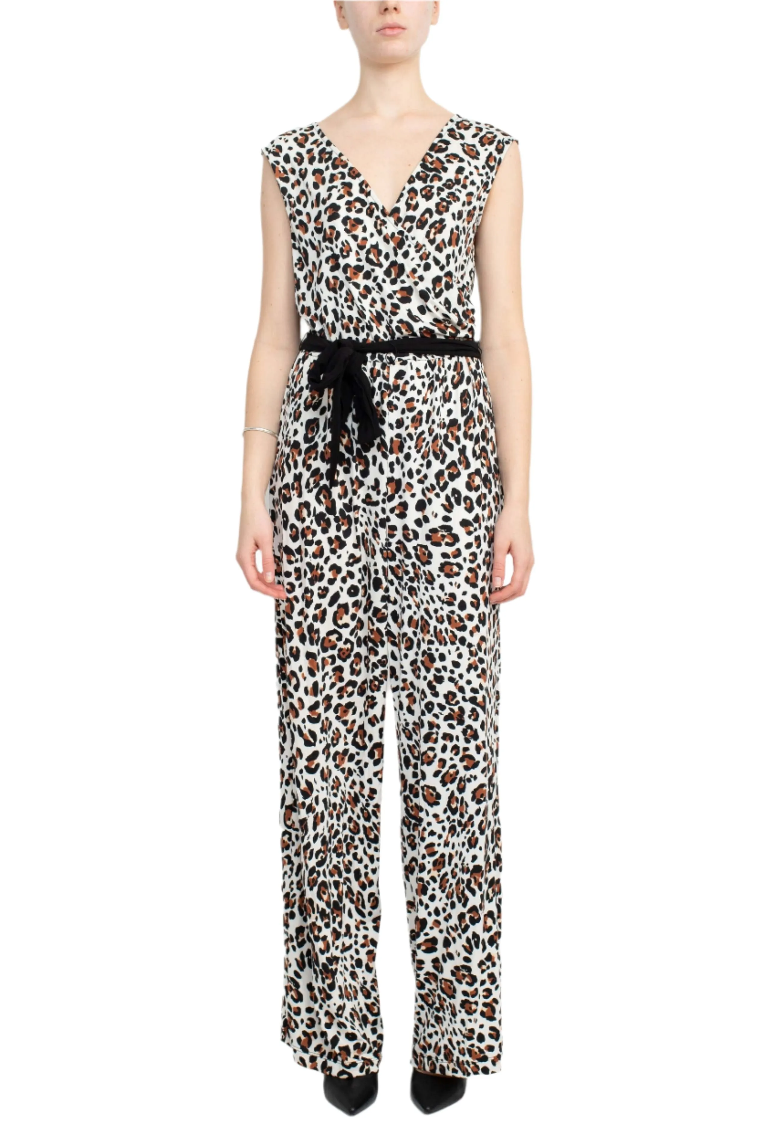 Emma & Michele V-Neck Elastic Waist Sleeveless Tie Waist Animal Print ITY Jumpsuit